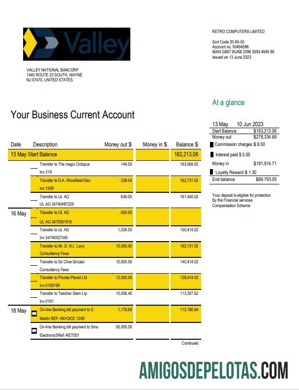 Modelo Word e PDF de extrato comercial do Realista Valley National Bank